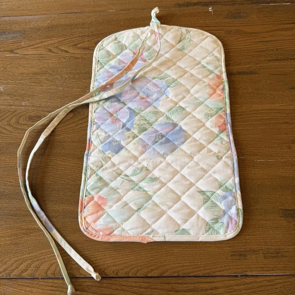 Vintage 90s Quilted Travel Cosmetic Bag Floral Roll Up Hanging Organizer USA